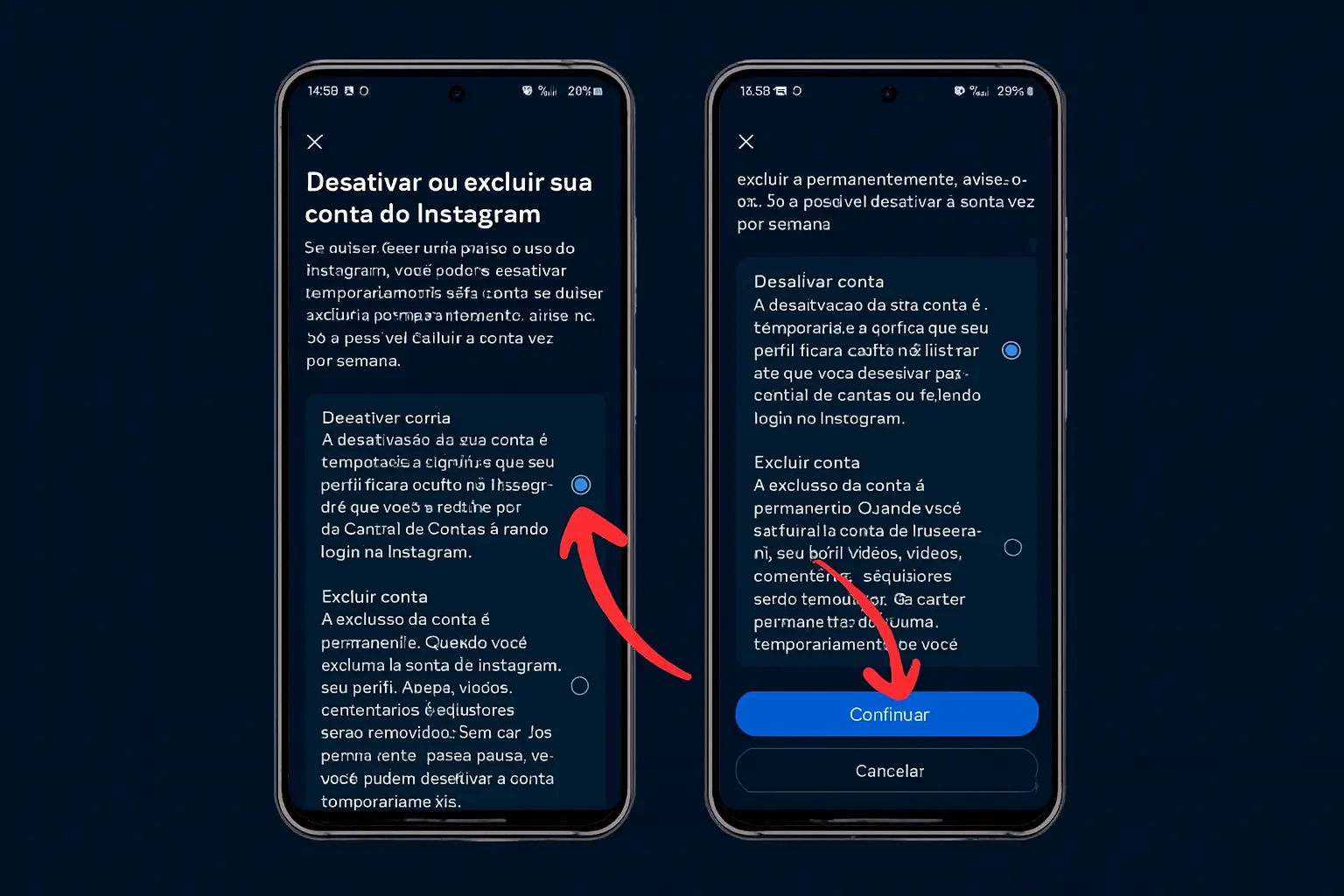 Tela da opção Desativar conta; clique para continuar
